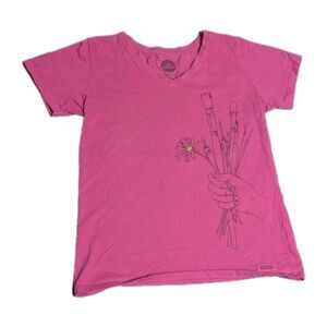 Women's LIFE IS GOOD Hand Holding Paint Brushes & Daisy Pink M Shirt Crusher